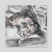 Cat Sleeping Under The Stairs - Acrylic by Jenny Jaybles