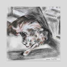 Cat Sleeping Under The Stairs - Canvas by Jenny Jaybles